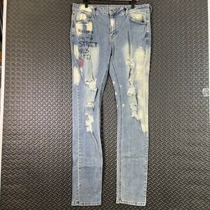 Rutherford Street King Blue White Distressed Stacked Skinny Fit Denim Jeans‎ 34